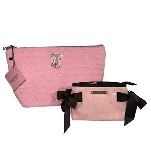 NWT JUICY Couture 2-Pc Travel Cosmetic Makeup Bags Pink Velour Hearts